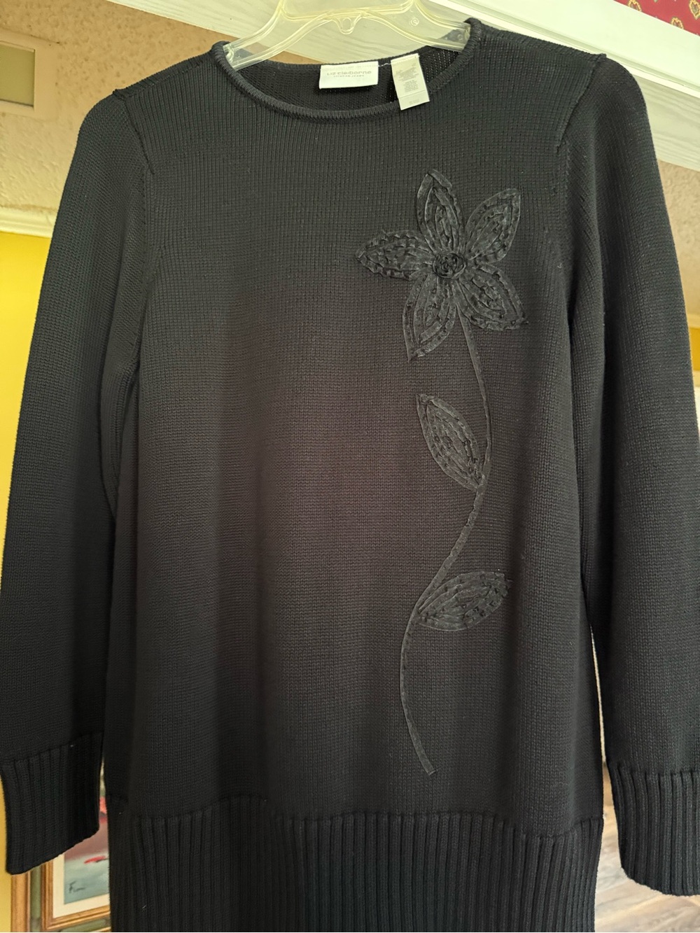 Liz Claiborne Black Crewneck Sweater with Floral Appliqué